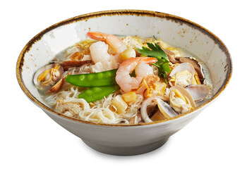 traditional chinese healthy braised puritan noodle with clam prawn seafood thick soup in bowl on...