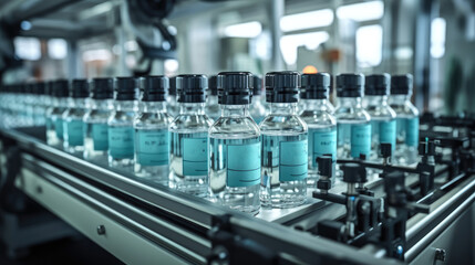 Many bottles are filled through a machine at factory.