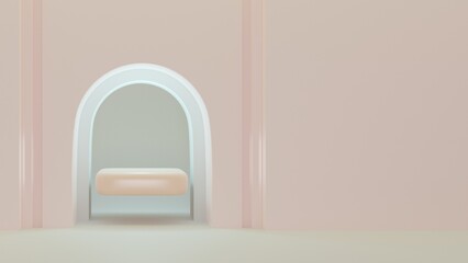 Glamorous abstract mock-up. Soft pink and light blue colour 3D render. Mock-up for the cosmetics product design and presentation. Mock-up with smooth soft shape inside of the double arc. Product stage