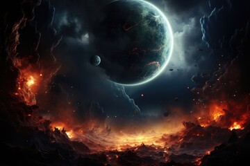 Space scene with two planets colliding.