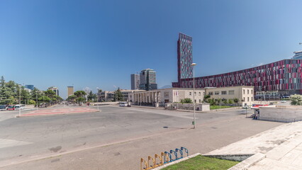 Panorama showing traffic on the Deshmoret e Kombit Boulevard in Tirana timelapse.