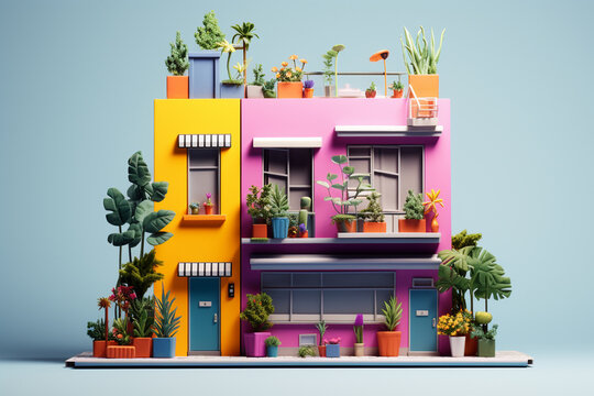 Minimalistic building with bright colors filled with flower plants