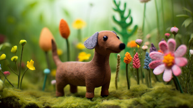 Handmade DIY figurine, cute crafted wool felt dachshund on a colorful blooming flower meadow