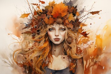 Watercolor autumn girl with long hair and leaves on white background