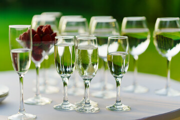 Champagne glasses on the buffet table. Table setting for a buffet at a party. 