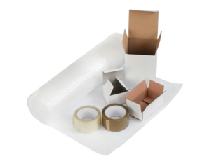 Packing and shipping items - boxes, adhesive tape, bubble wrap. Png clipart isolated on transparent background