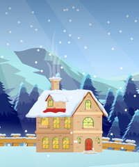 Obraz na płótnie Canvas Flat illustration portrait of a landscape with a beautiful snow-covered house on the hills