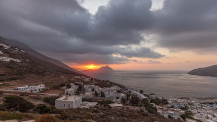 Panorama showing sunset on Amorgos island aerial timelapse from above. Greece