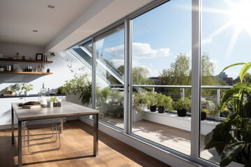 Aluminium sliding window inside a kitchen.