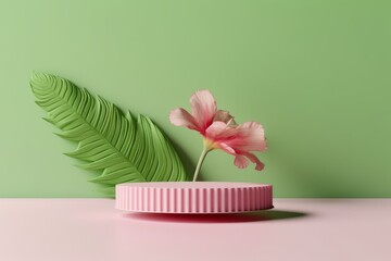 Obraz na płótnie Canvas Template with greek column.3D background, green podium. Round display, pink flower with shadow shadow. Cosmetic or beauty product promotion step pedestal. Abstract minimal advertise. 3d,Generative AI