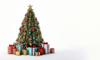 Christmas Tree with Beautiful Decorations, Surrounded by Gifts on a white Background