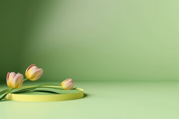 3D display podium green background with yellow tulip flower and petal. Nature Blossom minimal pedestal for beauty, cosmetic product presentation. Summer and spring mockup. 3d render, Generative AI