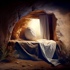 Resurrection of Jesus Christ, empty grave tomb with shroud, bible story of Easter, crucifixion at...