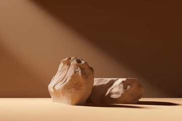 3D podium stone display on brown background. Beige rock, cosmetic beauty product promotion pedestal with sun shadow. Nature landscape showcase. Abstract minimal studio 3D, Generative AI