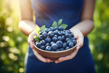 Ripe blueberries in woman hands on the green garden background - obrazy, fototapety, plakaty