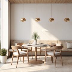 Interior design with marble round table and chairs. Modern dining room with beige wall. Cafe, bar or restaurant interior design. Home interior. 3d rendering, Generative AI
