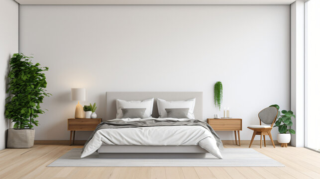 Interior of a modern bedroom with white walls wood