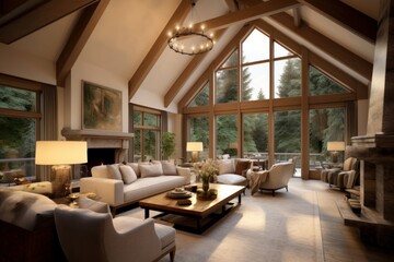 Fototapeta na wymiar Traditional home interior design of modern living room with vaulted ceiling. Generative AI