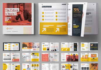 Company Profile Square Layout with Pink and Yellow Accents