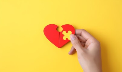 Hand hold two pieces red heart jigsaw puzzle on yellow background. Health care love wellbeing organ donation family insurance concept. World health day heart day theme.  Generative AI - Powered by Adobe