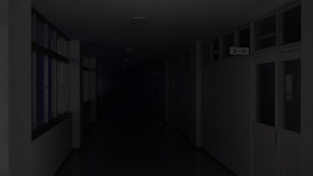 学校の廊下／夜／照明OFF／3DCG
