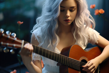 Obraz premium Cute girl with light blue long hair playing guitar, Gentle personality, Cute gentle face.