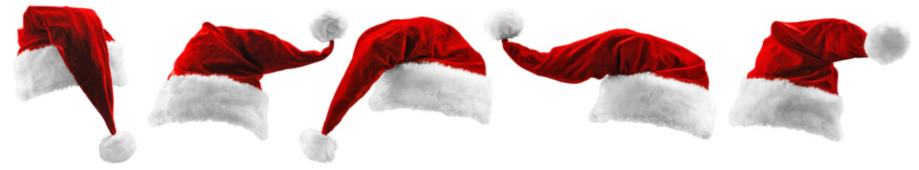 Set of Isolated Red Santa Claus Hats. Collection of Bright Contrasting Hats - 677588738