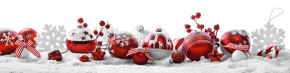 Christmas composition with red balls, stars and snowflakes isolated on white background - 677588742