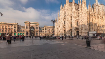 Panorama showing Milan Cathedral and Vittorio Emanuele gallery timelapse. - obrazy, fototapety, plakaty