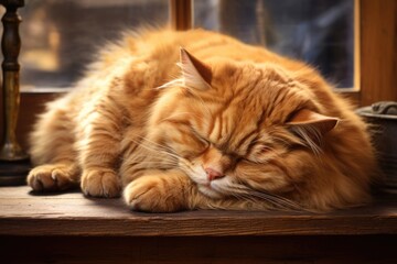 A fat lazy cat sleeps on the windowsill