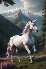 Obraz na płótnie Canvas Unicorn in a forest with mountain background 