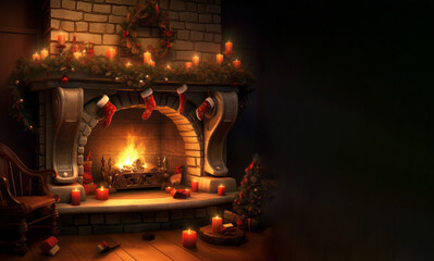 Decorated Fireplace with Christmas trees, balls, santa shoes, and gifts: Cozy Holiday Scene