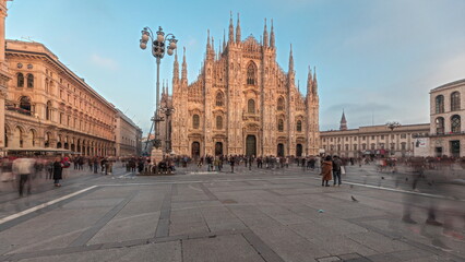 Fototapeta premium Panorama showing Milan Cathedral and Vittorio Emanuele gallery timelapse.