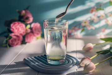 Collagen powder is add to glass of water with a spoon