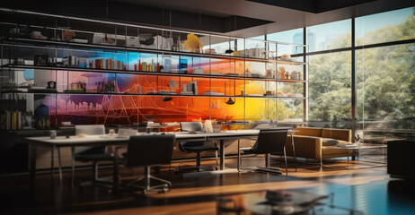 An office space with floor-to-ceiling windows, Displaying colorful bar graphs, Pie charts and...