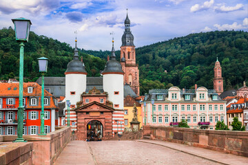 Landmarks and beautiful towns of Germany - medieval Heidelberg ,view with Karl Theodor bridge