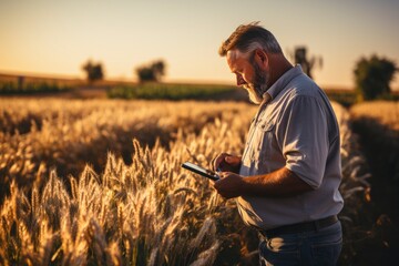 Farmer holding tablet for combine harvester guidance and control with modern automation system. Agronomist using online data management software generating yield maps at wheat field - obrazy, fototapety, plakaty