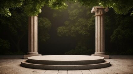 Round stone platform with Corinthian pillars and natural trees with shadow background. Historical and landmark object for advertising concept. 3D illustration, Generative AI - obrazy, fototapety, plakaty