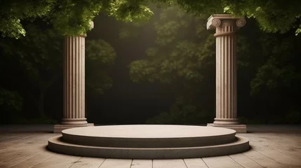 Fotobehang Round stone platform with Corinthian pillars and natural trees with shadow background. Historical and landmark object for advertising concept. 3D illustration, Generative AI © Focal Imaging