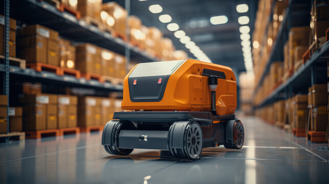 Automation with AGV and robotic arm in smart distribution warehouse.