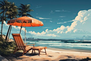Beach umbrella and Sun lounger. Sunbed with parasol at sand beach. Summer tropical resort with private chaise-longues at seacoast. - obrazy, fototapety, plakaty