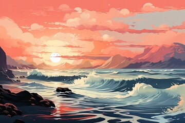 Topical beach and ocean at sundown. illustration generated AI. - obrazy, fototapety, plakaty