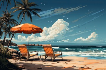 Beach umbrella and Sun lounger. Sunbed with parasol at sand beach. Summer tropical resort with private chaise-longues at seacoast. - obrazy, fototapety, plakaty