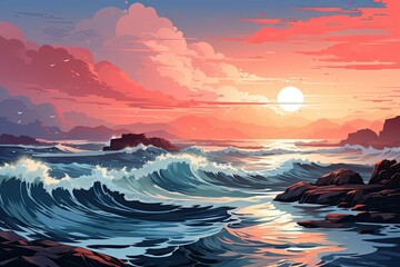 Topical beach and ocean at sundown. illustration generated AI. - obrazy, fototapety, plakaty