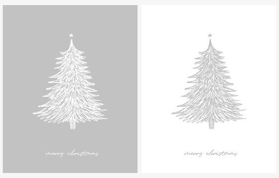 Merry Christmas Vector Card. Hand Drawn Christmas Tree with Star Isolated on a White and Gray Background. Christmas Illustration in 2 Different Colors. Tree Made of Messy Scribbles.RGB.English Wishes.