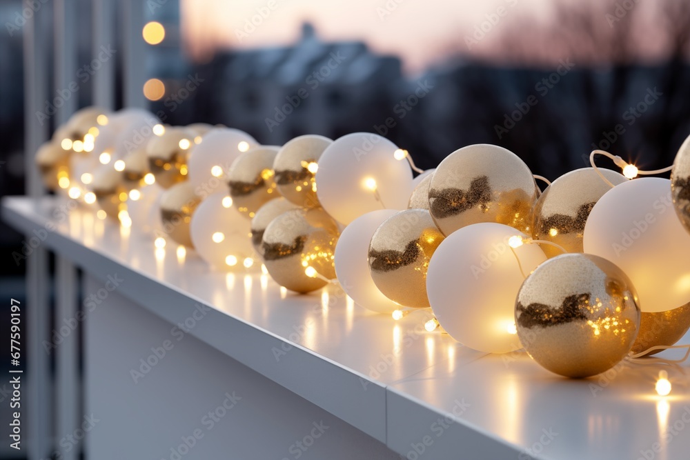 Wall mural balcony decoration with golden balls white lights and for christmas and new year