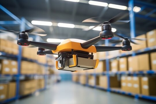Spare part delivery drone at garage storage in leading automotive car service center for delivering mechanical shipping component part assembling to customer. Modern innovative technology,GenerativeAI