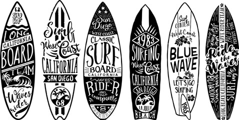 Abstract surf boards typographic element badges black and white vector collection for label sticker shirt summer wear - obrazy, fototapety, plakaty