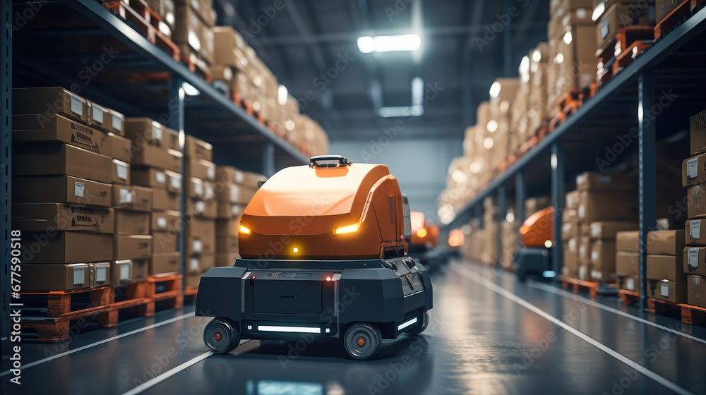 Aufkleber Automation robot work delivery cardboard boxes in distribution logistics center.