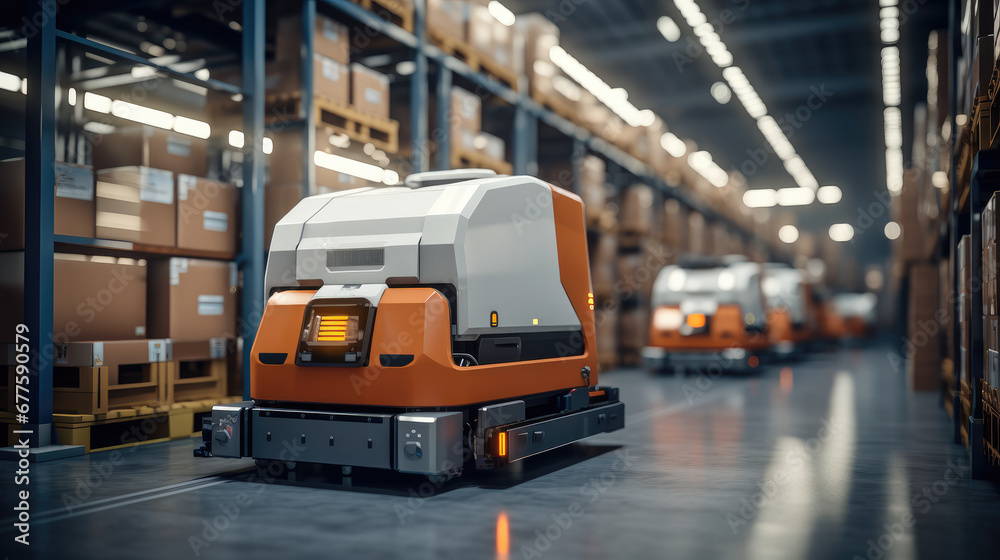 Poster Automation robot work delivery cardboard boxes in distribution logistics center.